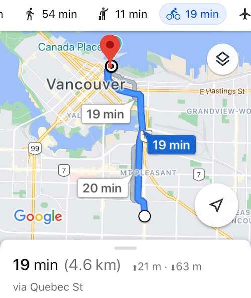 Screenshot of Google Maps showing a 4.6 km bike commute