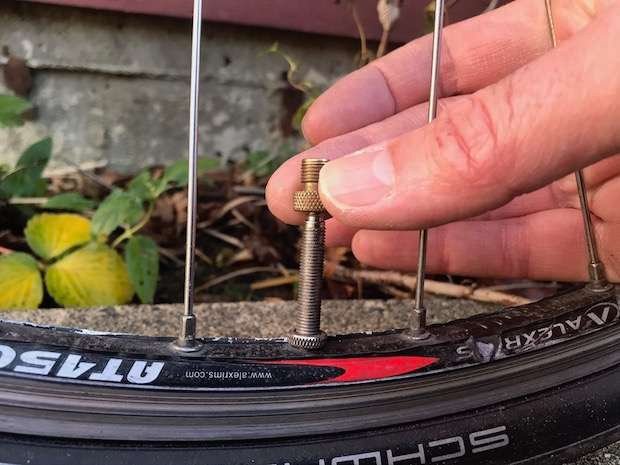 Closeup of a Presta valve adapter