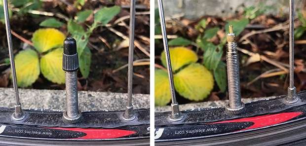 split image of a presta bike tire valve with the cap on and off