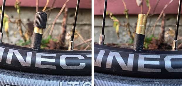 split image of a schrader bike tire valve with the cap on and off