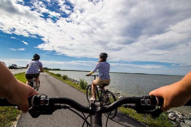 Cyclists on a sunny bike path