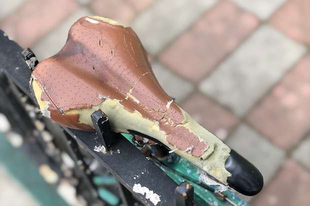 Groove or canal down the middle of an old bike seat