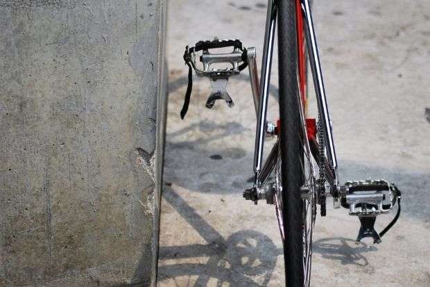Close up of toe clips on an older bike