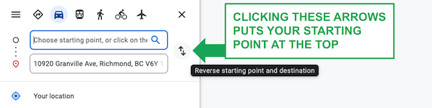 Graphic showing to switch order of addresses on Google Maps