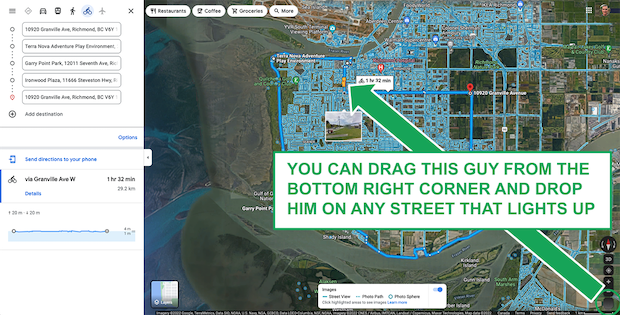 Graphic showing how to choose a location for Google Street View from Google Maps